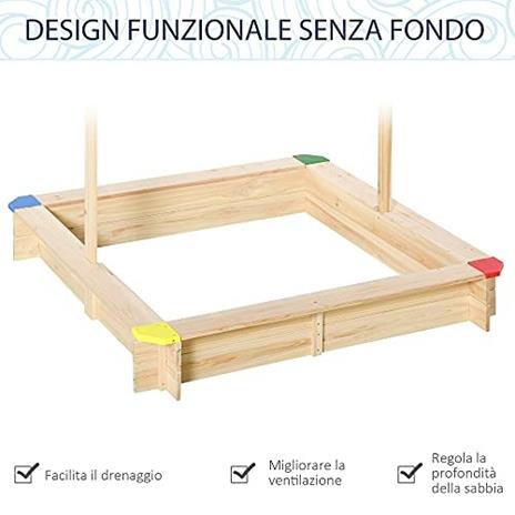 Outsunny Sabbiera per Bambini in Legno con Panca e Tettuccio Parasole Regolabile, 120x120x120cm - 5