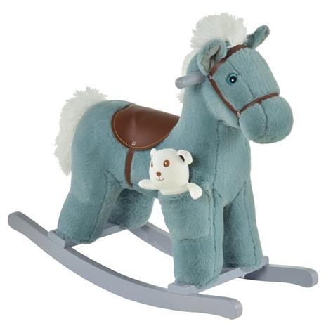 HOMCOM Cavallo a Dondolo in Peluche e Legno con Suoni e Orsetto Incluso, per Bimbi da 18-36 Mesi, 65x26x55cm, Blu