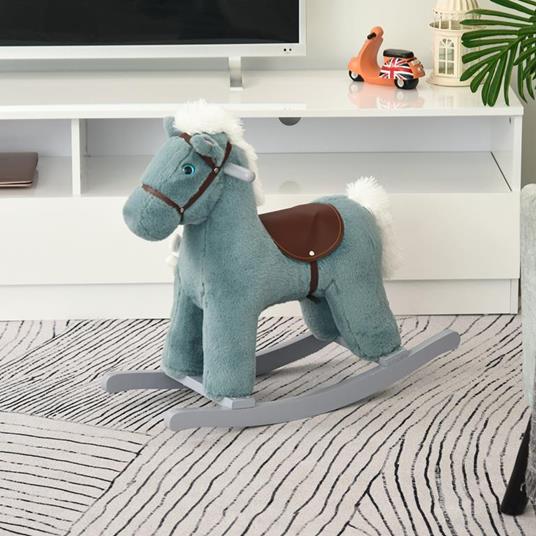 HOMCOM Cavallo a Dondolo in Peluche e Legno con Suoni e Orsetto Incluso, per Bimbi da 18-36 Mesi, 65x26x55cm, Blu - 2