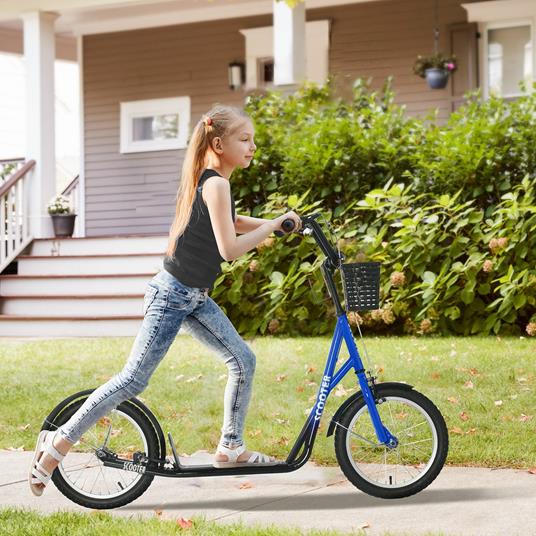 HOMCOM Monopattino per Bambini con Ruote Grandi, 2 Freni e Manubrio Regolabile, Cestino e Porta Borraccia - Blu - 2