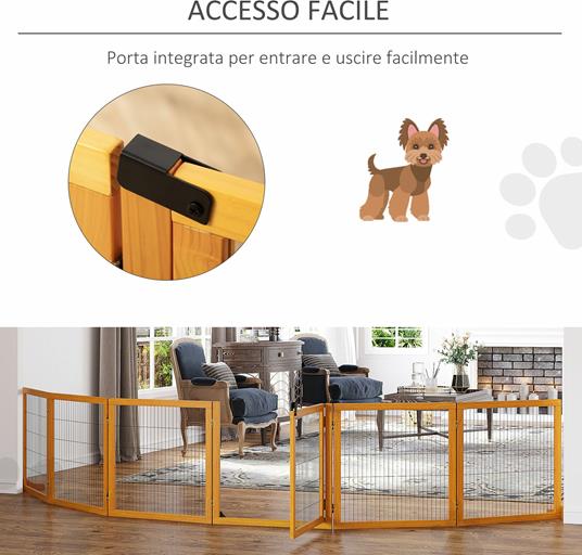 PawHut Cancelletto per Cani di Piccola/Media Taglia in Legno e Acciaio con  6 Pannelli Pieghevoli, 432x36x70cm