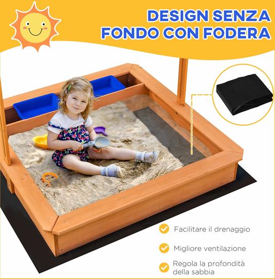 Outsunny Sabbiera per Bambini in Legno con Tettuccio Regolabile, Sedute e Vaschette, 107.5x107.5x110cm - 3