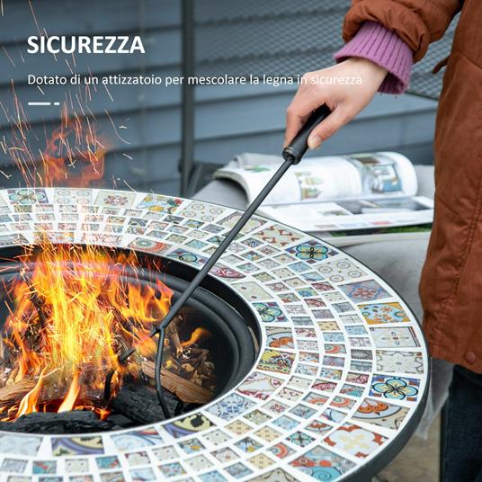 Outsunny Braciere da Esterno 3 in 1 con Tavolino, Griglia per Barbecue e  Attizzatoio, Metallo e Ceramica, 75x75x60cm