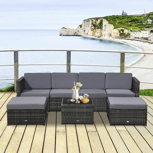 Outsunny Set da 7 Pezzi Salotto da Esterni in Rattan con Poltrona Pouf  Tavolino Grigio - Outsunny - Idee regalo