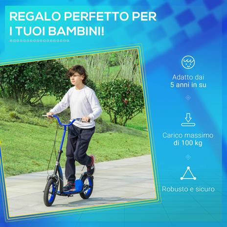 HOMCOM Monopattino per Bambini 5+ Anni, Altezza Regolabile e Doppio Freno, 118x55.5x85-100.5cm, Blu - 3