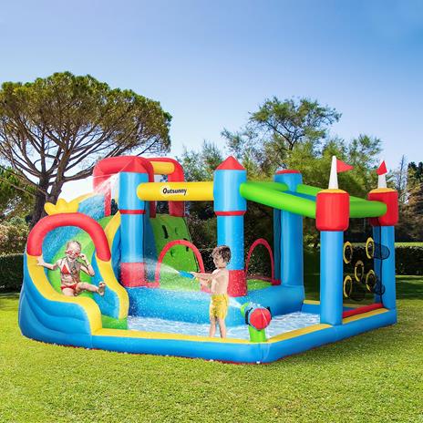 Outsunny Castello Gonfiabile per Bambini con Scivolo, Trampolino e Piscina, 390x300x197cm - 2