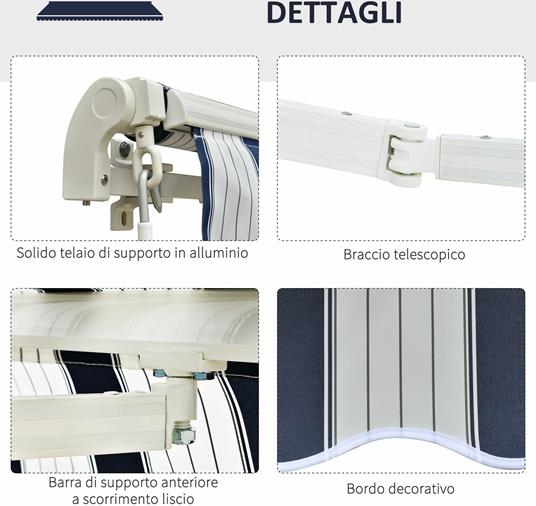Outsunny Tenda da Sole per Esterno Regolazione con Manovella, in Alluminio  e Poliestere, 295x250cm, Blu e Bianco - Outsunny - Idee regalo