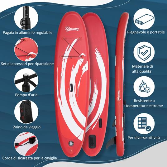 Outsunny Tavola SUP Gonfiabile con Pagaia, Accessori e Zaino di Trasporto, 300x76x15cm, Rosso e Bianco - 3