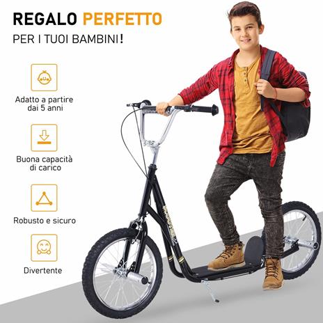 HOMCOM Monopattino per Bambini da 5 Anni con Ruote Grandi da 16" e Altezza Regolabile, Freni e Cavalletto, Nero - 4