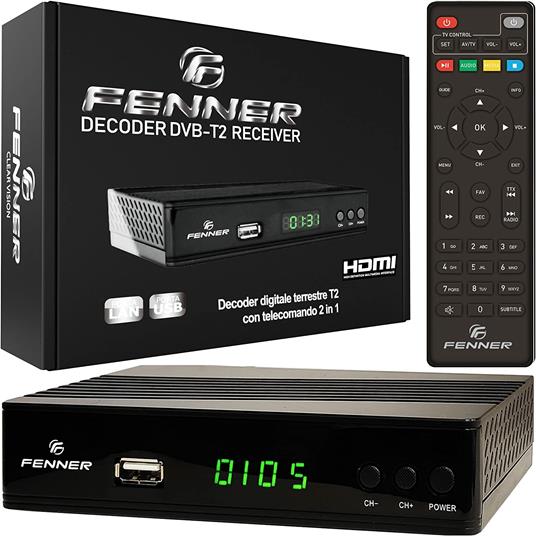 Decoder DVB-T2 HD 1080p con un telecomando comandi il TV ed il Decoder,  SINTONIZZAZIONE AUTOMATICA, Nuova Generazione HDMI HEVC Main 10 Bit H265  riceve TUTTI i canali gratuiti, USB, SCART - R