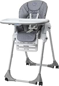 Chicco Polly Easy Seggiolone Pappa Evolutivo per Bambini da 6 Mesi a 3 Anni (15 kg), Seggiolone Reclinabile a Sdraietta con Altezza e Poggiapiedi Regolabili, 4 Ruote, Chiusura Compatta - Grey Melange