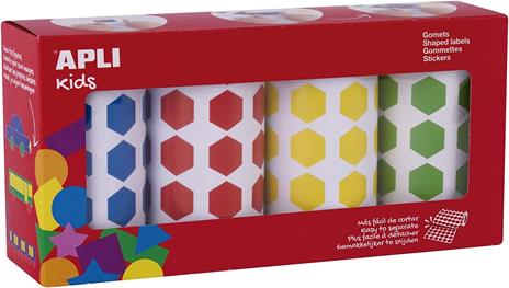 APLI Kids 19192 - Confezione da 4 rotoli di gomet esagoni 20 mm - Adesivi educativi in colore blu, rosso, giallo e verde