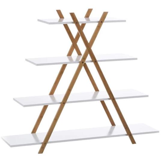 Libreria Design Moderno Scaffale 4 Ripiani Legno MDF e Bambu Casa Ufficio Bianco - 2