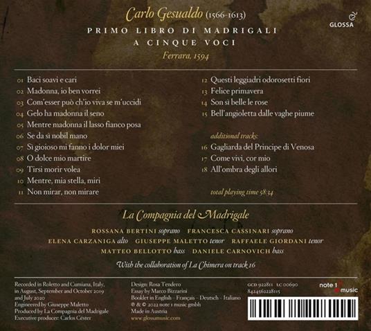 Primo Libro di Madrigali - CD Audio di Carlo Gesualdo,Compagnia del Madrigale - 2