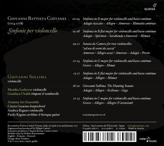 Sinfonie per violoncello - CD Audio di Giovanni Sollima,Giovanni Battista Costanzi - 2