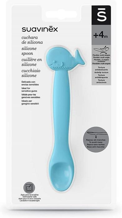 Cucchiaio Silicone Per Bambini +4 Mesi Flessibile Gengive Sensibili Fantasia Balena Azzurro