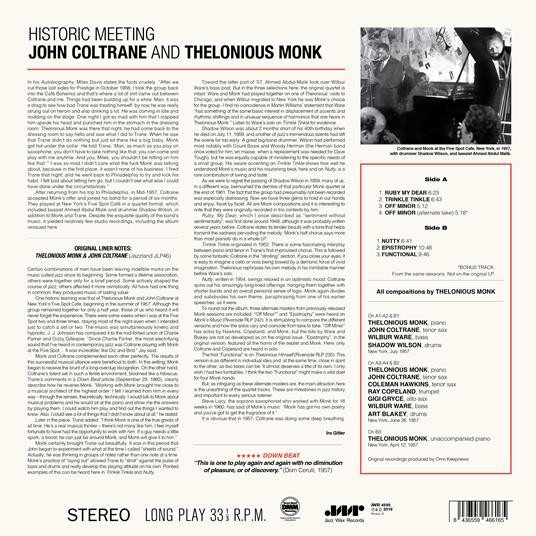 Historic Meeting John Coltrane and Thelonious Monk - Vinile LP di John Coltrane,Thelonious Monk