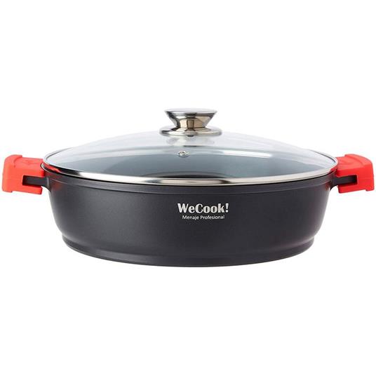 Wecook Ecostone Casseruola Bassa 28cm Induzione, Coperchio di Vetro, Antiaderente Alluminio Fuso Nero