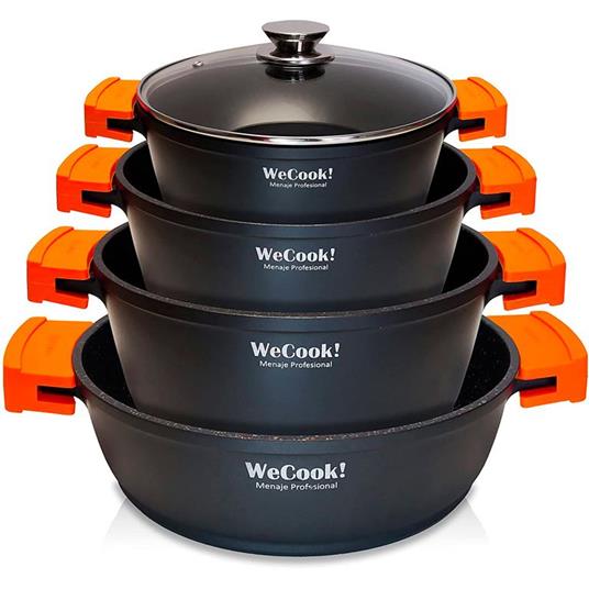 Wecook WCOK-CHEF4B Set di Pentole a Induzione Alluminio Fuso Coperchi di Vetro 8-Piece Antiaderente  Nero