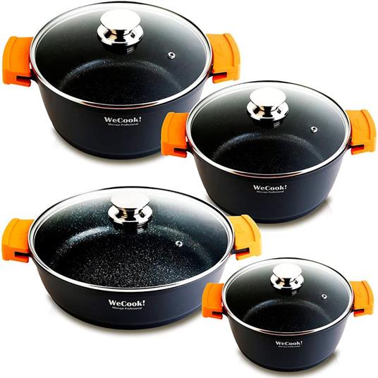 Wecook WCOK-CHEF4B Set di Pentole a Induzione Alluminio Fuso Coperchi di Vetro 8-Piece Antiaderente  Nero - 2