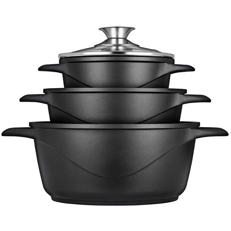 Briebe MGK-18 Batteria da Cucina Induzione Set Pentole 6 Pezzi Alluminio Fuso, Coperchi Vetro Nero