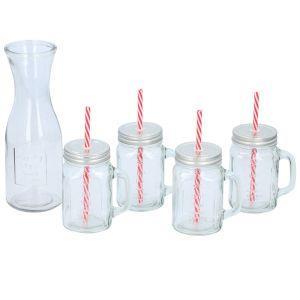 Set Caraffa Brocca e 4 Tazze Bicchieri Barattolo In Vetro Con Cannuccia 1Lt