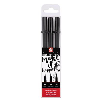 Pennarelli Brush Sakura 0.5 0.8 1.0 Mm Nero Set 3 Pezzi