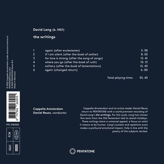 The Writings - CD Audio di Daniel Reuss,David Lang,Cappella Amsterdam - 2