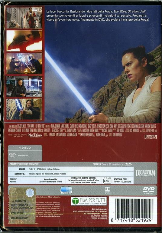 Star Wars. Gli ultimi Jedi (DVD) - DVD - Film di Rian Johnson Fantastico |  IBS