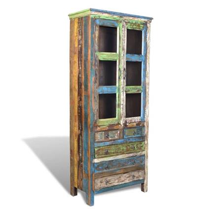 Libreria multicolore in legno riciclato con 5 cassetti e 2 sportelli