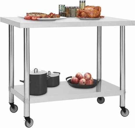 vidaXL Tavolo da Lavoro Cucina con Ruote 100x30x85 cm in Acciaio Inox - 2