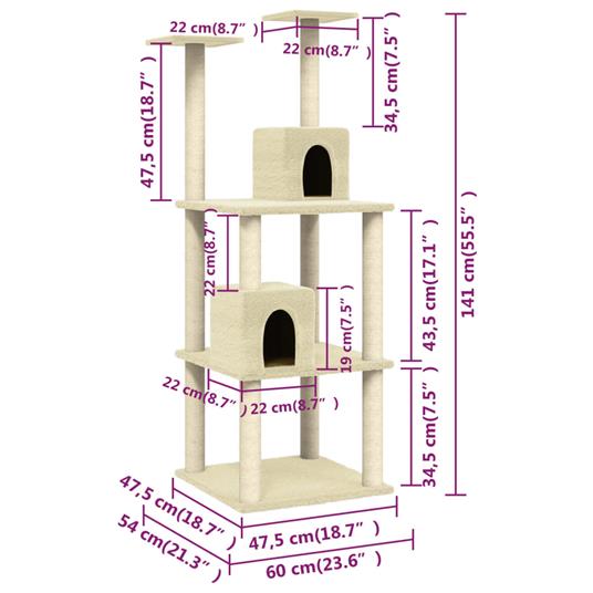 vidaXL Albero per Gatti con Tiragraffi in Sisal Crema 141 cm - 8