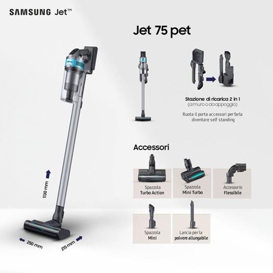 Samsung Jet 75 pet, Scopa Elettrica Senza Filo Senza Sacchetto, Potenza 200  watt, silver - Samsung - Casa e Cucina | IBS