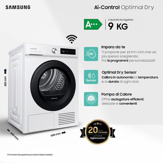 Asciugatrice Samsung DV90BB5245AW Libera Installazione Caricamento Frontale  AI Control Optimal Dry 9Kg Classe A+++ Bianco - Samsung - Casa e Cucina |  IBS