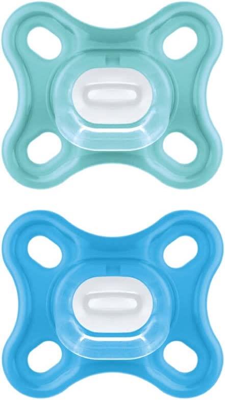 MAM Comfort Ciuccio in Set da 2, 100% Silicone ideale per i neonati, con Custodia Porta Ciuccio, 0-2 mesi, azzurro e blu