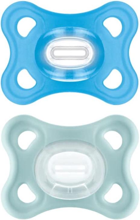 MAM Comfort Ciuccio in Set da 2, 100% Silicone, con Custodia Porta Ciuccio, 2-6 mesi, blu e grigio-verde