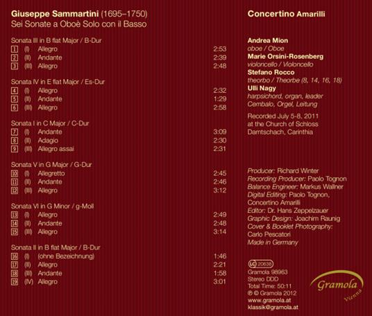 6 Sonate a oboe solo con il basso - CD Audio di Giuseppe Sammartini - 2