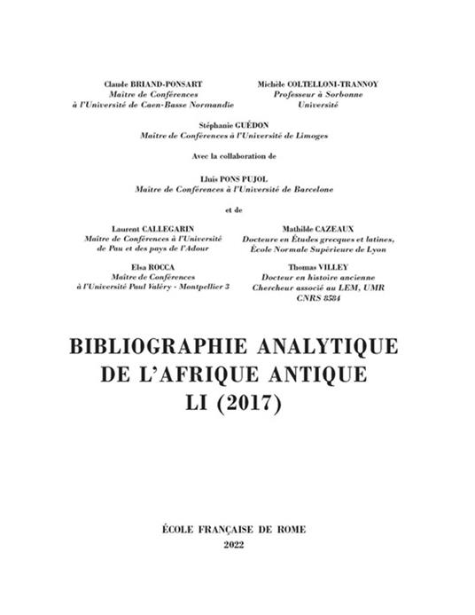 Bibliographie analytique de l'Afrique antique LI (2017)