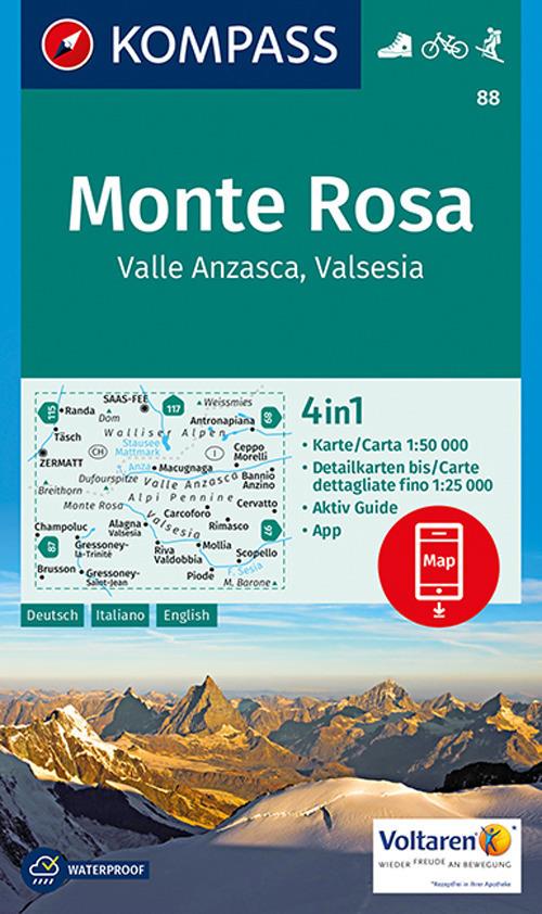 Carta escursionistica n. 88 - Monte Rosa, Valle Anzasca, Valsesia con guida 1:50.000. Ediz. italiana, tedesca e inglese - copertina