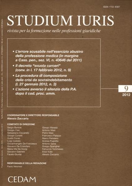 Studium iuris. Rivista per la formazione nelle professioni giuridiche (2012). Vol. 9 - copertina