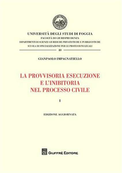 La provvisoria esecuzione e l'inibitoria nel processo civile. Vol. 1 - Gianpaolo Impagnatiello - copertina