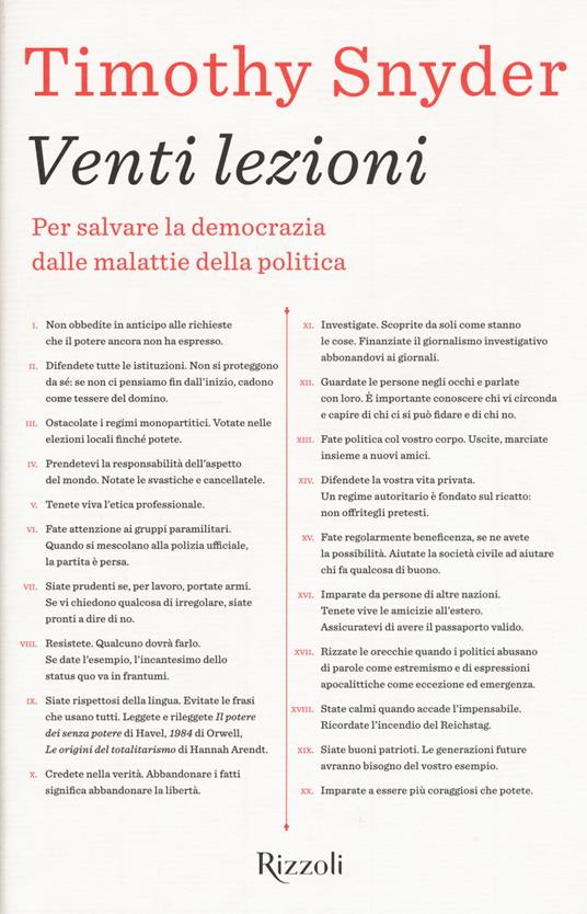 Venti lezioni. Per salvare la democrazia dalle malattie della politica - Timothy Snyder - copertina