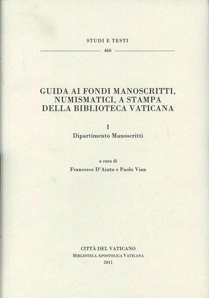 Guida ai fondi manoscritti, numismatici, a stampa della Biblioteca Vaticana - copertina