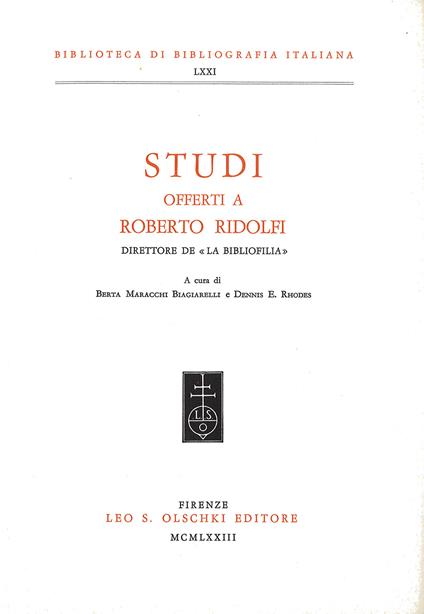 Studi offerti a Roberto Ridolfi direttore de «La Bibliofilia» - copertina