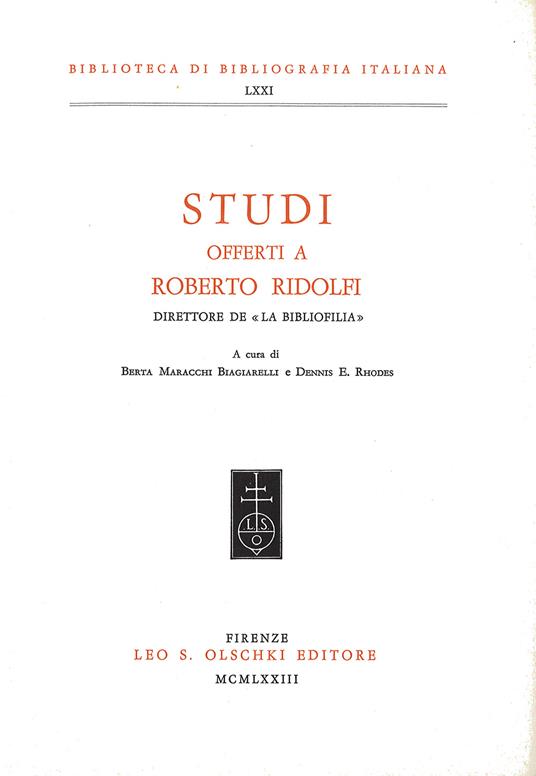 Studi offerti a Roberto Ridolfi direttore de «La Bibliofilia» - copertina