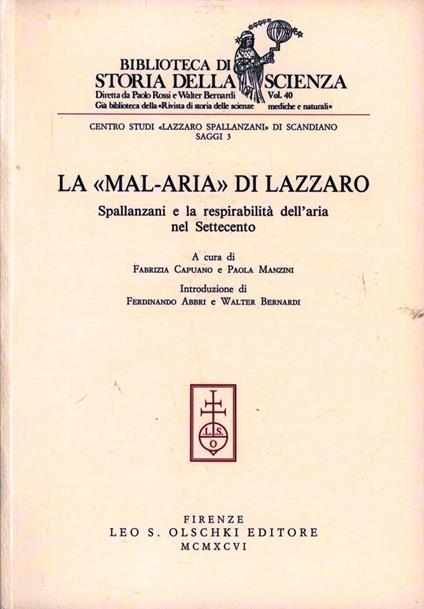 La mal-aria di Lazzaro Spallanzani e la respirabilità dell'aria nel Settecento - copertina