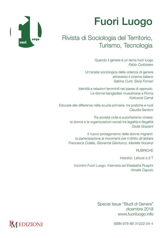 Fuori luogo. Rivista di sociologia del territorio, turismo, tecnologia. Special Issue «Studi di genere» (2018) - copertina