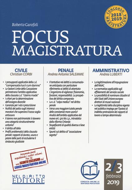 Focus magistratura. Concorso magistratura 2018-2019: Civile, penale, amministrativo (2018-2019). Con espansione online. Vol. 2: Febbraio 2019. - Roberto Garofoli - copertina