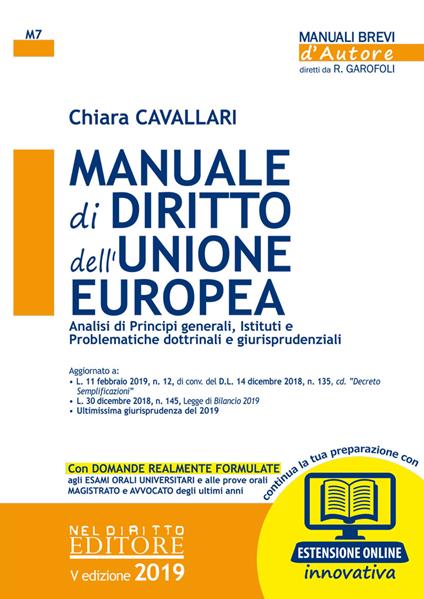 Manuale di diritto dell'Unione Europea. Analisi di principi generali, Istituti e problematiche dottrinali e giurisprudenziali. Con espansione online - Chiara Cavallari - copertina