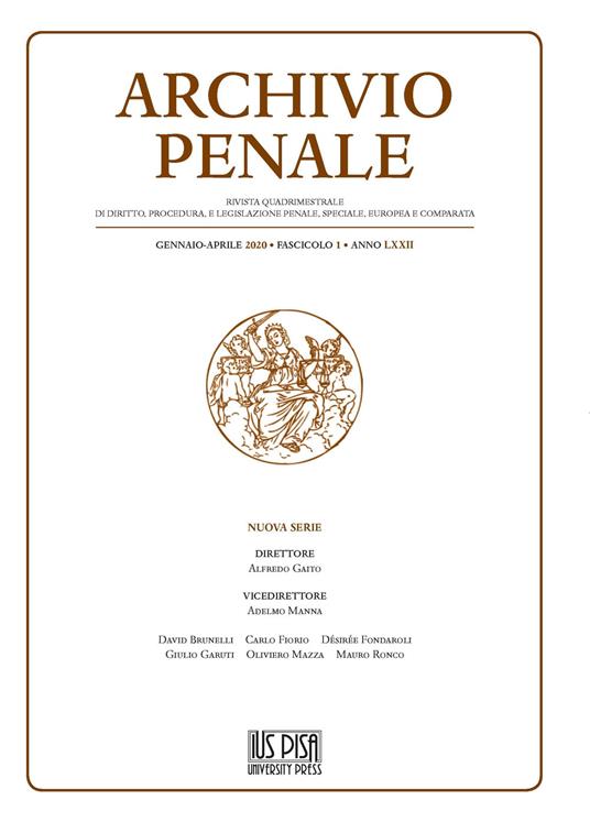 Archivio penale. Rivista quadrimestrale di diritto, procedura e legislazione penale, speciale, europea e comparata (2020). Vol. 1: Gennaio-Aprile - copertina